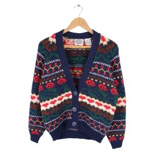 Vintage Erika & Company Knit Cardigan Fair Isle Pattern Multicolor Roses Medium